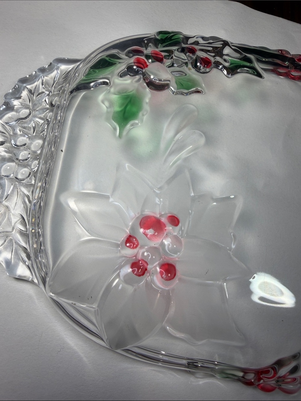 Clear Poinsettia Glass Serving Tray with Red and Green Accents - Picture 7 of 7